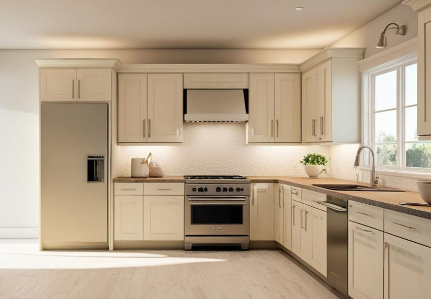 L-Shaped Modular Kitchen Design with Wood Finish Cabinets