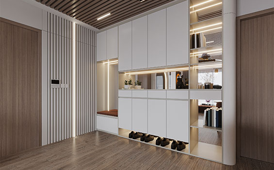 L Shaped Full Height Wardrobe with Stylish Shoe Cabinet