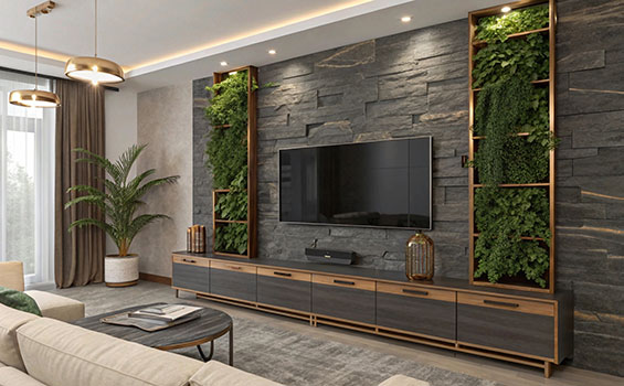 Charcoal Black TV Unit with Polished Gold Trims