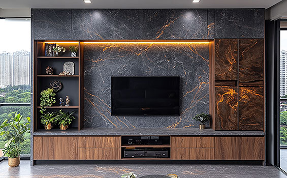 TV Unit with Dark Marble Back Panel