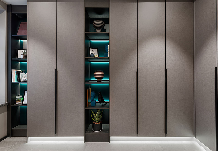 Modern Gray Wardrobe with Teal Lighting